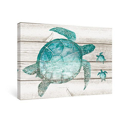 Picture of SUMGAR Wall Art Bathroom Blue Ocean Pictures Coastal Beach Canvas Paitings Teal Sea Turtle Wall Decor Turquoise Framed Artwork Gray Grey Prints Marine Life Bedroom Nursery Gifts,16x24 inch