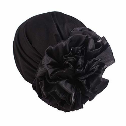 Picture of Muslim Women Flower Elastic Turban Beanie Head Scarf wrap Chemo Cap hat for Cancer Patient (Black)