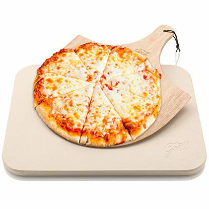 Picture of Pizza Stone by Hans Grill Baking Stone For Pizzas use in Oven and Grill / BBQ FREE Wooden Pizza Peel Rectangular Board 15 x 12 " Inches Easy Handle Baking | Bake Grill, For Pies, Pastry Bread, Calzone