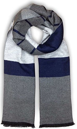 Picture of Bleu Nero Luxurious Winter Scarf for Men and Women - Large Selection of Unique Design Scarves - Super Soft Premium Cashmere Feel Grey Navy Two-sided Stripes