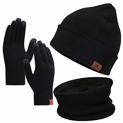 Picture of Winter Men Beanie Hat, Scarf, Touch Screen Gloves, 3 Pieces Winter Warm Clothing Set For Men, Black, One Size