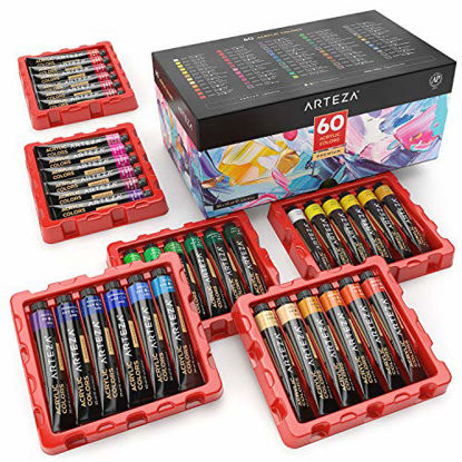 Picture of Arteza Acrylic Paint, Set of 60 Colors/Tubes (22 ml/0.74 oz) with Storage Box, Rich Pigments, Non Fading, Non Toxic Metallic Paints for Artist, Hobby Painters & Kids, Art Supplies for Canvas Painting