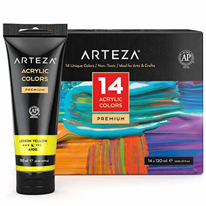 Picture of Arteza Acrylic Paint, Set 14 Colors/Pouches (120 ml/4.06 oz.) with Storage Box, Rich Pigments, Non Fading, Non Toxic Paints for Artist, Hobby Painters & Kids, Ideal for Canvas Painting