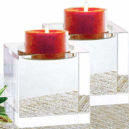 Picture of Le Sens Amazing Home Huge Crystal Pillar Candle Holders 4" 4" 4" Set of 2,Decorative Home Decor LED Candles Stand,Prepackaged Elegant Heavy Solid Square Centerpiece for Home Decoration
