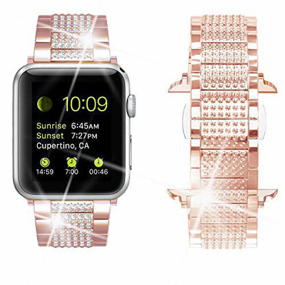 Picture of Dassions Bling Rhinestone Luxury Diamond Stainless Steel Replacement Bands for Apple Watch 42mm 44mm Series 6 Series 5 4 3 2 1 Se (Rose Gold, 42/44mm)