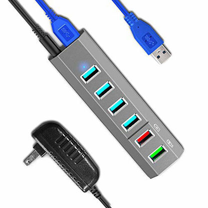 Picture of USB Hub, Aiibe 6 Ports Super High Speed USB 3.0 Hub Splitter + 24W Power Adapter + USB 3.0 Cable, Gray Smart Fast Charger Powered USB Hub for Laptop, Mac, PC, Mobile HDD, Mulitple Devices