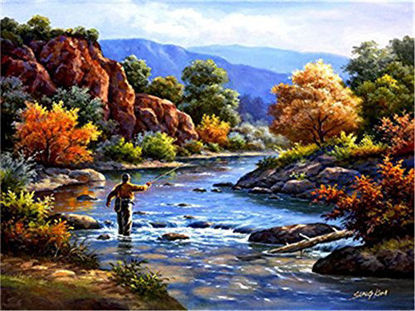 Picture of DIY Oil Paint by Number Kit for Adults Beginner 16x20 inch - Man Fishing, Drawing with Brushes Christmas Decor Decorations Gifts (Without Frame)