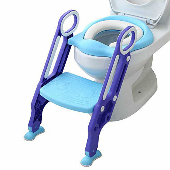 Mangohood Potty Training Seat with Step Stool Ladder and Handles for Baby Toddler Kid Children Boys and Girls Toilet Training Chair with Padded Soft Cushion and Non-Slip Wide Step Blue White） 