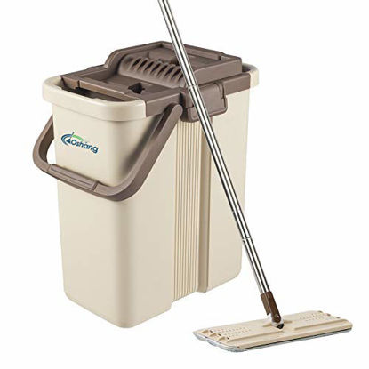 Picture of Oshang Flat Squeeze Mop and Bucket - Hand-Free Wringing Floor Cleaning Mop - 2 Types Washable & Reusable Microfiber Mop Clothes/Pads Included - Wet or Dry Usage on Hardwood, Laminate, Tile
