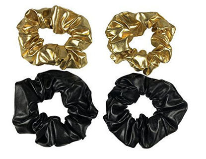 Picture of HOCONO 4 Pack Black and Gold Leather Hair Scrunchies Scrunchy Bobbles Elastic Hair Bands Ties Hair Accessories Wrist Band Cosplay Show for Women Girls
