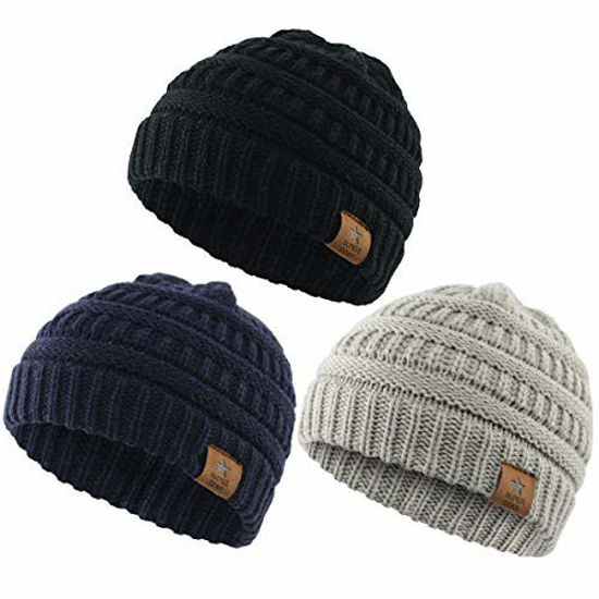 Picture of Durio Soft Warm Knitted Baby Hats Caps Cute Cozy Chunky Winter Infant Toddler Baby Beanies for Boys Girls 3 Pack Black & Light Grey & Navy