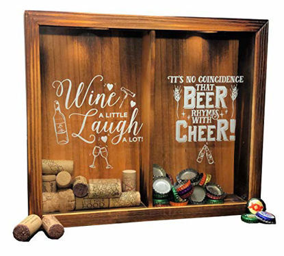 Picture of Wine Cork & Beer Cap Holder Shadow Box, Wall Mounted or Free Standing, Wine & Bar Decor for Him & Her, Rustic Stained Wood, 11" x 13"