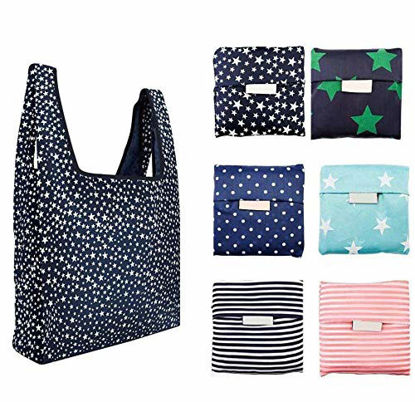 Picture of 6 Pack Reusable Shopping Grocery Bags Foldable, Washable Grocery Tote with Pouch, 35LB Weight Capacity, Heavy Duty Shopping Tote Bag, Eco-Friendly Purse Bag Fits in Pocket Waterproof & Lightweight