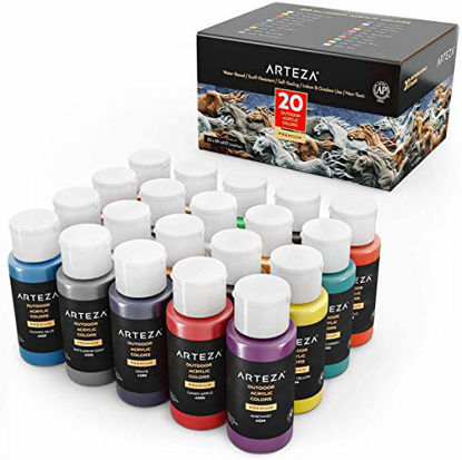 Picture of Arteza Outdoor Acrylic Paint, Set of 20 Colors/Tubes (59 ml/2 oz.) Rich Pigment Multi-Surface Paints, Art Supplies for Rock, Wood, Fabric, Leather, Paper, Crafts, Canvas and Wall Painting