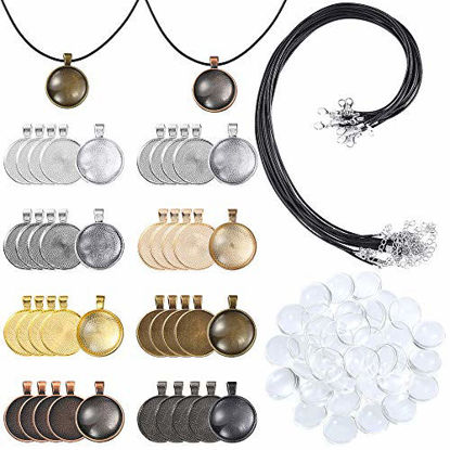 Picture of PP OPOUNT 95 Pieces Pendant Trays Set Including 8 Different Colors 40Pieces Round Pendant Trays,40Pieces Bright Glass Cabochon Dome Tiles,15Pieces Black Waxed Necklace Cord for Photo Pendant Crafting