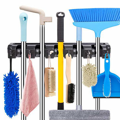 Picture of Mop and Broom Holder Wall Mount Heavy Duty Broom Holder Wall Mounted Broom Organizer Home Garden Garage Storage Rack 5 Position with 6 Hooks (Black)