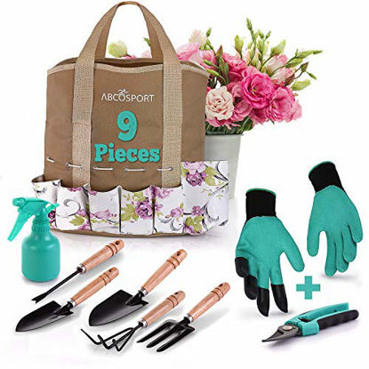 Picture of Garden Tools Set - 9 Piece Gardening Kit - Easy to Carry Tote Bag - Pretty Floral Design - Ergonomic Wooden Handle - Heavy Duty - Bonus Gloves and Cutter - Machine Washable - Great as a Gift