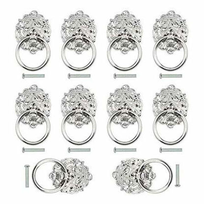 Picture of TOVOT 10 pcs Dresser Drawer Cabinet Door Ring Head Pulls Antique Lion Head Pulls Knob (Silver)