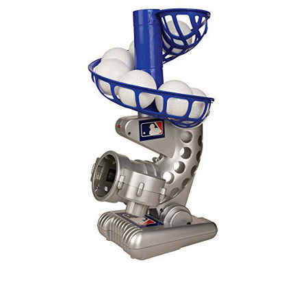 Picture of Franklin Sports MLB Electronic Baseball Pitching Machine - Height Adjustable - Ball Pitches Every 7 Seconds - Includes 6 Plastic Baseballs, Silver/Blue (6696S3)