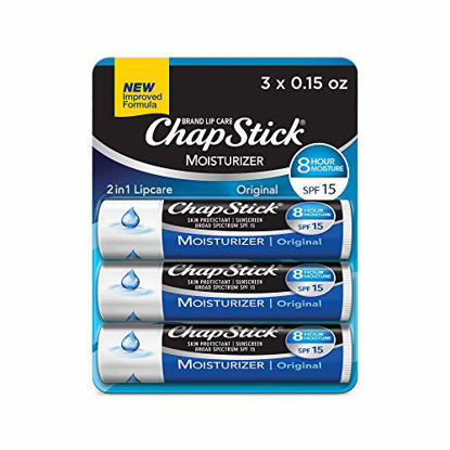 Picture of ChapStick Moisturizer (Original Flavor, 0.15 Ounce, 3 Sticks) Lip Balm Tube, Skin Protectant, Lip Care, SPF 15