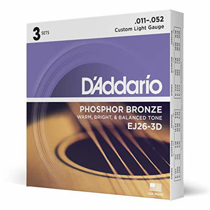 Picture of DAddario EJ26 Phosphor Bronze Acoustic Guitar Strings, Custom Light (3 Pack) - Corrosion-Resistant Phosphor Bronze, Offers a Warm, Bright and Well-Balanced Acoustic Tone and Comfortable Playability