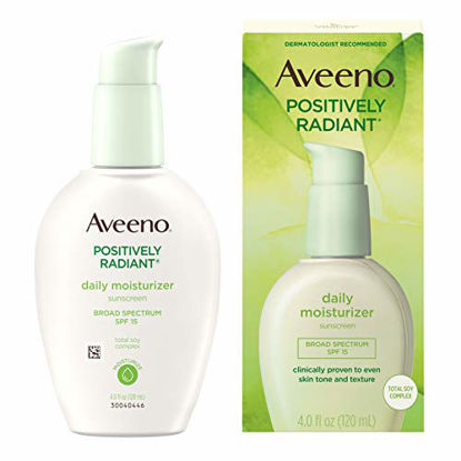 Picture of Aveeno Positively Radiant Daily Facial Moisturizer with Broad Spectrum SPF 15 Sunscreen & Total Soy Complex for Even Tone & Texture, Hypoallergenic, Oil-Free & Non-Comedogenic, 4 fl. oz
