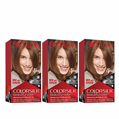 Picture of Revlon Colorsilk Beautiful Color Permanent Hair Color with 3D Gel Technology & Keratin, 100% Gray Coverage Hair Dye, 51 Light Brown, Pack of 3