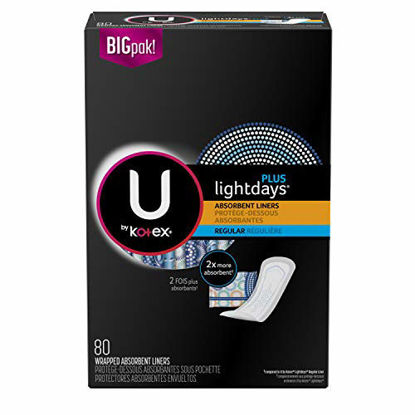 Picture of U by Kotex Lightdays Plus Liners, Regular, Multiple Colors, Unscented, 80 Count