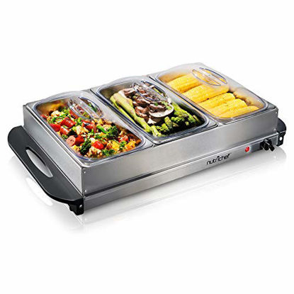 Picture of NutriChef 3 Buffet Warmer Server Professional Hot Plate Food Warmer Station , Easy Clean Stainless Steel , Portable & Great for Parties Holiday & Events Max Temp 175F