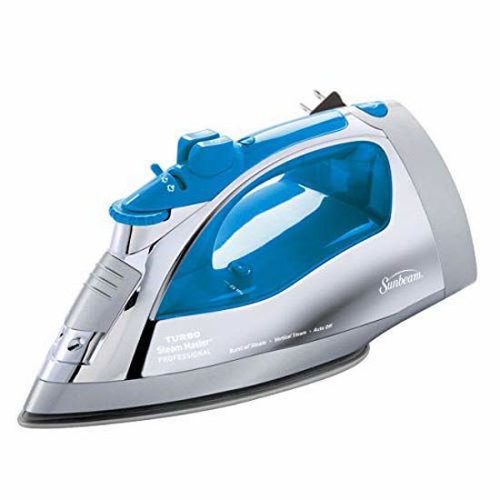Picture of Sunbeam Steammaster Steam Iron | 1400 Watt Large Anti-Drip Nonstick Stainless Steel Iron with Steam Control and Retractable Cord, Chrome/Blue.