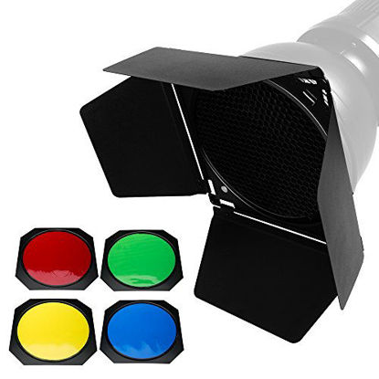 Picture of Godox BD-04 Barn Door and Honeycomb Grid and 4 Color Gel Filters (Red Yellow Blue Green) Compatible for Standard Reflector