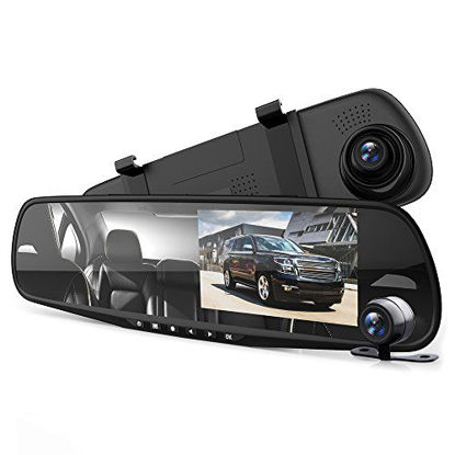 Picture of Pyle Dash Cam Rearview Mirror - 4.3 DVR Monitor Rear View Dual Camera Video Recording System in Full HD 1080p w/Built in G-Sensor Motion Detect Parking Control Loop Record Support - PLCMDVR49