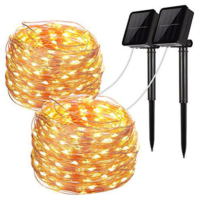 Picture of LiyuanQ Solar String Lights, 2 Pack 100 LED Solar Fairy Lights 33 Feet 8 Modes Copper Wire Lights Waterproof Outdoor String Lights for Garden Patio Gate Yard Party Wedding Indoor Bedroom Warm White