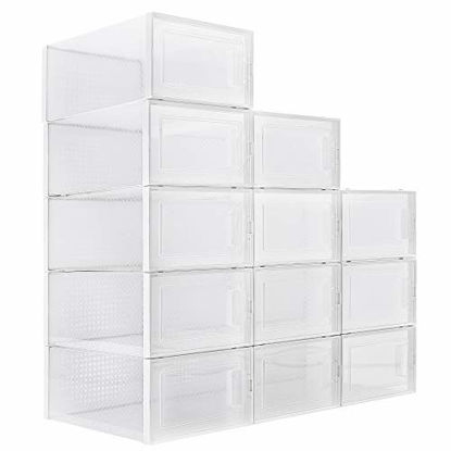 Picture of WAYTRIM Foldable Shoe Box, Stackable Clear Shoe Storage Box - Storage Bins Shoe Container Organizer, 12 Pack - White