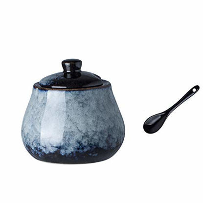 Picture of DoDola Retro Ceramics Sugar Bowl with Lid and Spoon Condiment Pots Seasoning Box 8oz (Gray Blue)