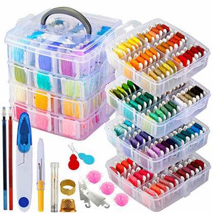 Picture of 262 Pack Embroidery Thread Floss Set Including 200 Colors 8 M/Pcs Cross Stitch Sewing Thread with Floss Bins and 62 Pcs Cross Stitch Tool,4-Tier Transparent Storage Box