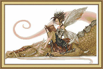 Picture of Maydear Full Range of Embroidery Starter Kits Stamped Cross Stitch Kits Beginners for DIY Embroidery kit 11CT 27×18(inch) - Girl and Dragon Reading Book