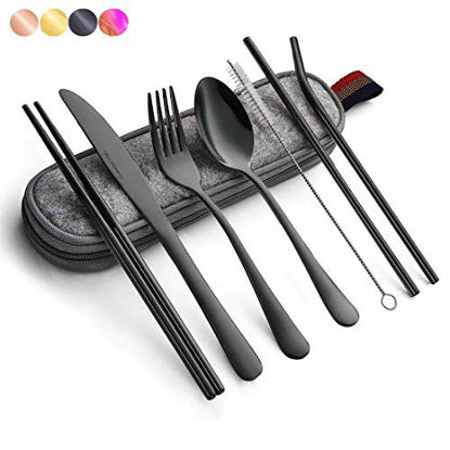 Picture of Black Travel flatware set with Case Stainless Steel silverware Tableware Set,Include Knife/Fork/Spoon/Straw (Portable black)
