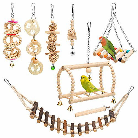 Wooden Hanging Bell Bird Cage Toys for Small Parakeets Finches,Budgie,Macaws Parrots Conures Cockatiels Bird Parrot Swing Chewing Toys 7 Packs Love Birds