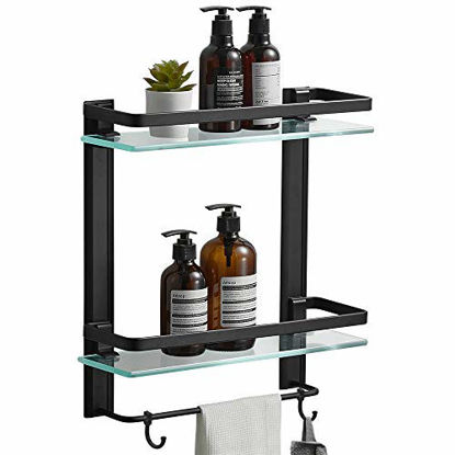 Picture of BESy Heavy Duty Lavatory Glass Bathroom Shelf, 2 Tier Tempered Glass Shower Shelves with Towel Bar Wall Mounted, Shower Storage 15 by 5 inches, Matte Black Finish/Aluminum