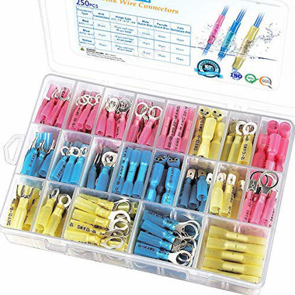 Picture of TICONN 250PCS Heat Shrink Wire Connectors, Waterproof Automotive Marine Electrical Terminals Kit, Crimp Connector Assortment, Ring Fork Spade Butt Splices