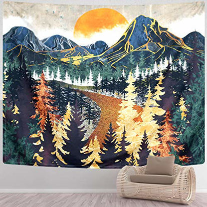 Picture of SENYYI Mountain Tapestry Wall Hanging Forest Trees Art Tapestry Sunset Tapestry Road in Nature Landscape Home Decor for Room (51.2 x 59.1 inches)