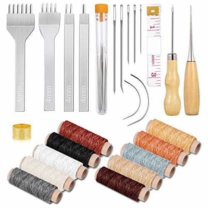 Picture of Cridoz 35 Pcs Leather Stitching Pouch Kit with 4mm Prong Sewing Hole Punch, Leather Sewing Tools, Waxed Thread and Large-Eye Stitching Needles for Beginner Leather Sewing Working Crafting Projects