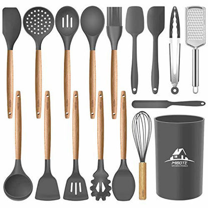 Picture of Mibote 17 Pcs Silicone Cooking Kitchen Utensils Set with Holder, Wooden Handles BPA Free Non Toxic Silicone Turner Tongs Spatula Spoon Kitchen Gadgets Utensil Set for Nonstick Cookware (Grey)