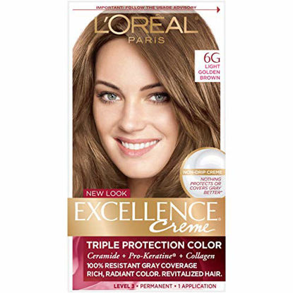 Picture of L'Oreal Paris Excellence Creme Permanent Hair Color, 6G Light Golden Brown, 100 percent Gray Coverage Hair Dye, Pack of 1