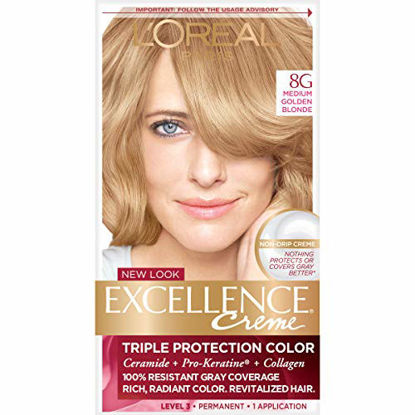 Picture of L'Oreal Paris Excellence Creme Permanent Hair Color, 8G Medium Golden Blonde, 100 percent Gray Coverage Hair Dye, Pack of 1