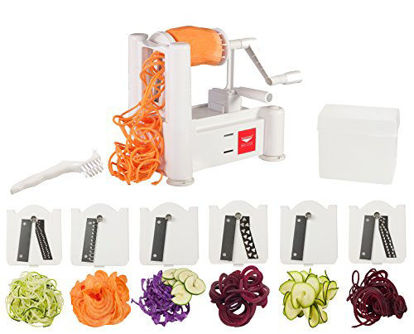 Picture of Paderno World Cuisine 6-Blade Vegetable Slicer / Spiralizer, Counter-Mounted and includes 6 Different Stainless Steel Blades
