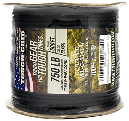 Picture of TOUGH-GRID 750lb Black Paracord/Parachute Cord - Genuine Mil Spec Type IV 750lb Paracord Used by The US Military (MIl-C-5040-H) - 100% Nylon - 50Ft. - Black