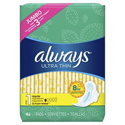 Picture of ALWAYS Ultra Thin Size 1 Regular Pads With Wings Unscented, 46 Count (Pack of 1)