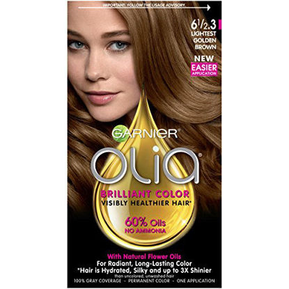 Picture of Garnier Olia Ammonia Free Permanent Hair Color, 100 Percent Gray Coverage (Packaging May Vary), 6 1/2.3 Lightest Golden Brown Hair Dye, Pack of 1